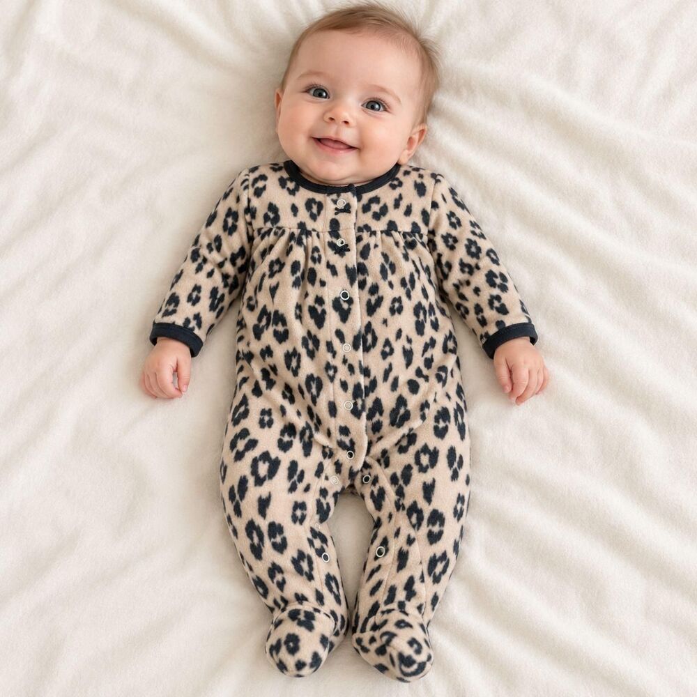 Carter's Baby Girl 3 Months Leopard Fleece Footed Sleep Play Pajamas Snap NWT